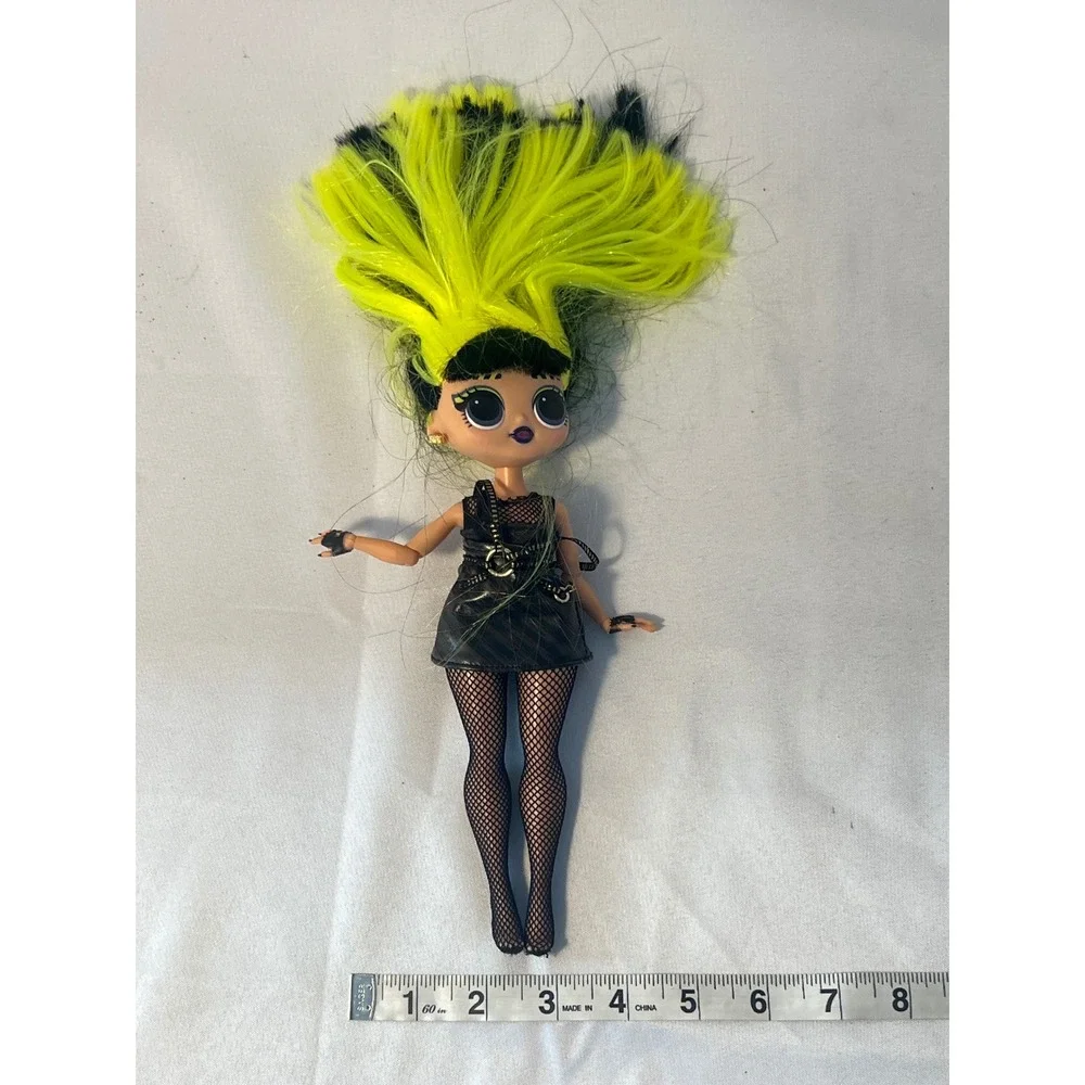 LOL Surprise Doll Fierce Punk Rocker Neon Hair Black Faux Leather Dress Fishnets
